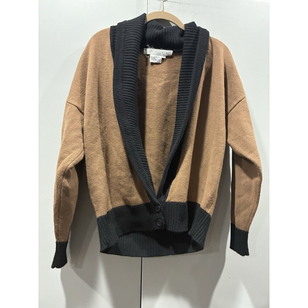 Carlisle Sport Lambswool Shawl Collar Cardigan Camel Black L Quiet Luxury